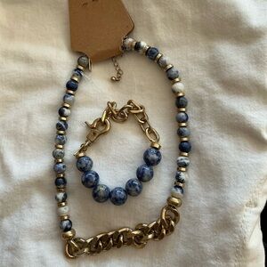 Gold and Blue Beaded Necklace and Bracelet Set
